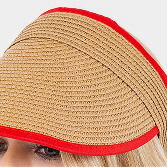 Red Trimmed Brim Straw Visor Womens Sun Hat Cap Cute Statement Accessory - Picture 2 of 3